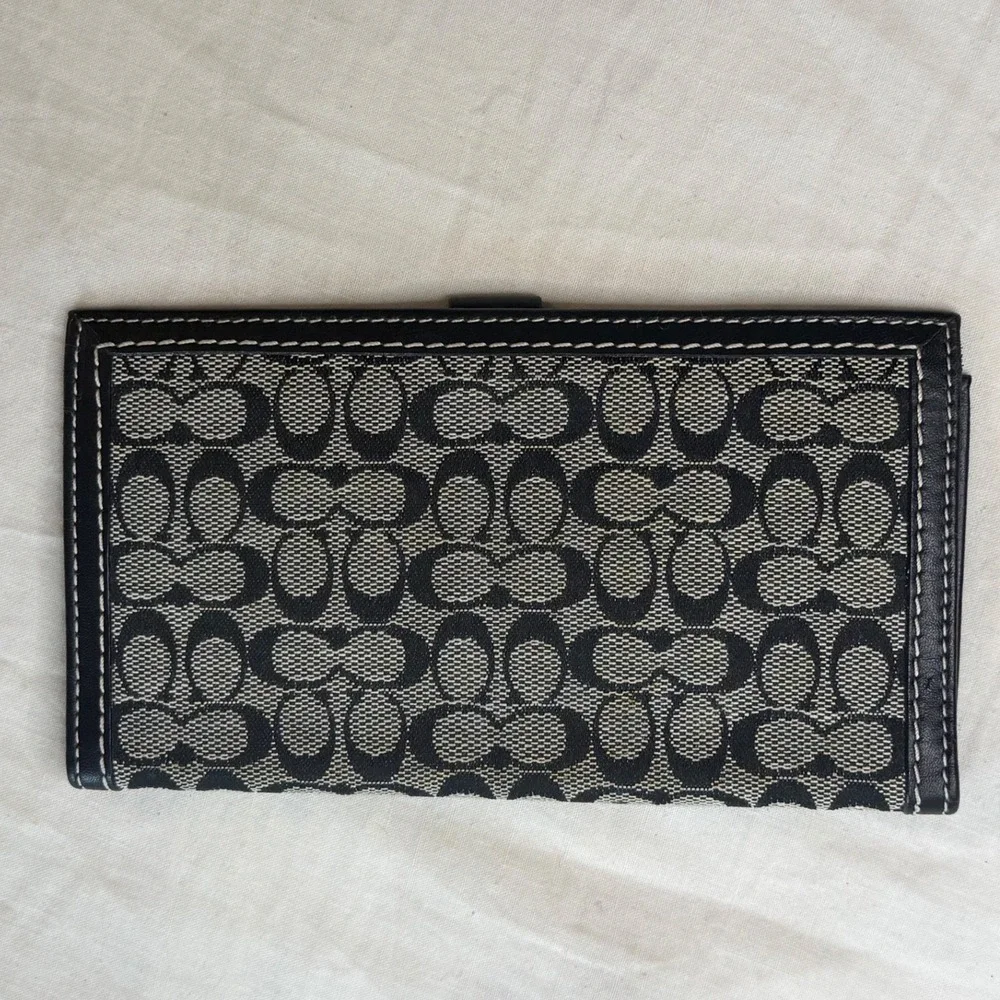 Coach Signature C Monogram Checkbook Cover Black Grey Leather Trim Slim Wallet - Picture 7 of 7